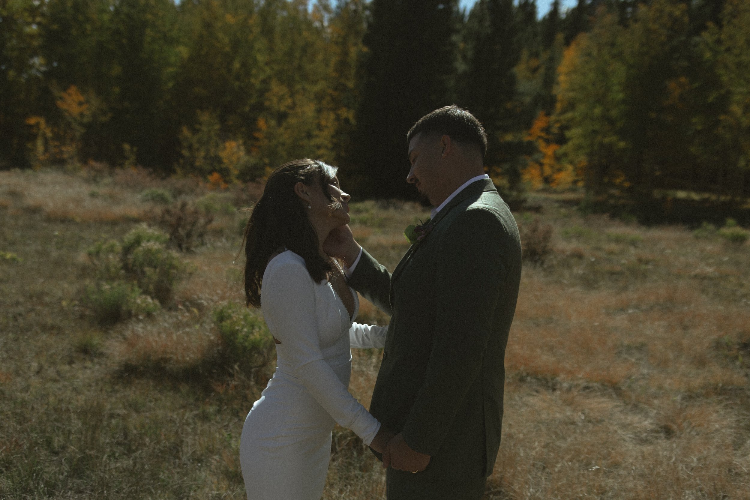 A bride and groom standing outdoors in a field with trees in autumn colors, facing each other, holding hands, and touching faces.