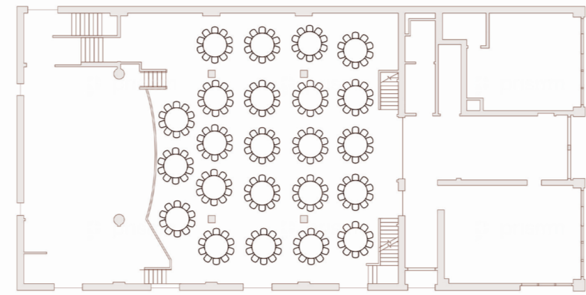 Floor plan of a room set up for a banquet with 36 round tables, each surrounded by chairs, and a stage at the front.