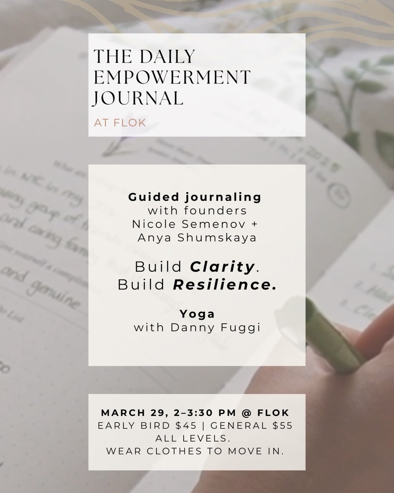 Step into practice as ritual 🤍

Join us for a 90 minute experience blending yoga inspired movement with guided journaling from the Daily Empowerment Journal. Move, reflect, and explore clarity, self trust, and growth in real time.

Created by Nicole