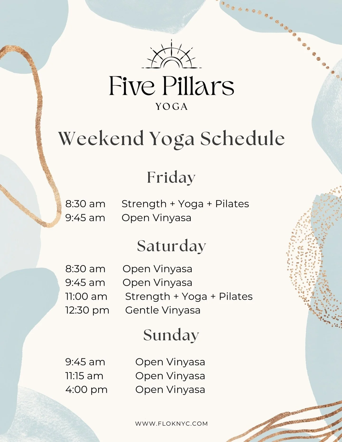 Flow into your weekend with us ✨

Our Five Pillars classes are designed to ground, energize, and reset&mdash;whether you&rsquo;re easing in or turning up the heat. Come move, breathe, and reconnect.

See you on the mat 🤍#FLOKNYC