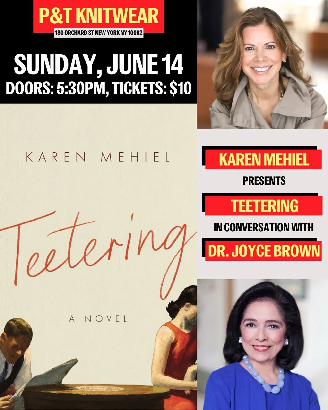 Come join FLOK Founder Karen Mehiel Sunday June 14 at P&amp;T Knitwear as she discusses her latest book, Teetering, in conversation with Dr.Joyce Brown. Link in bio to grab your tickets 🤍