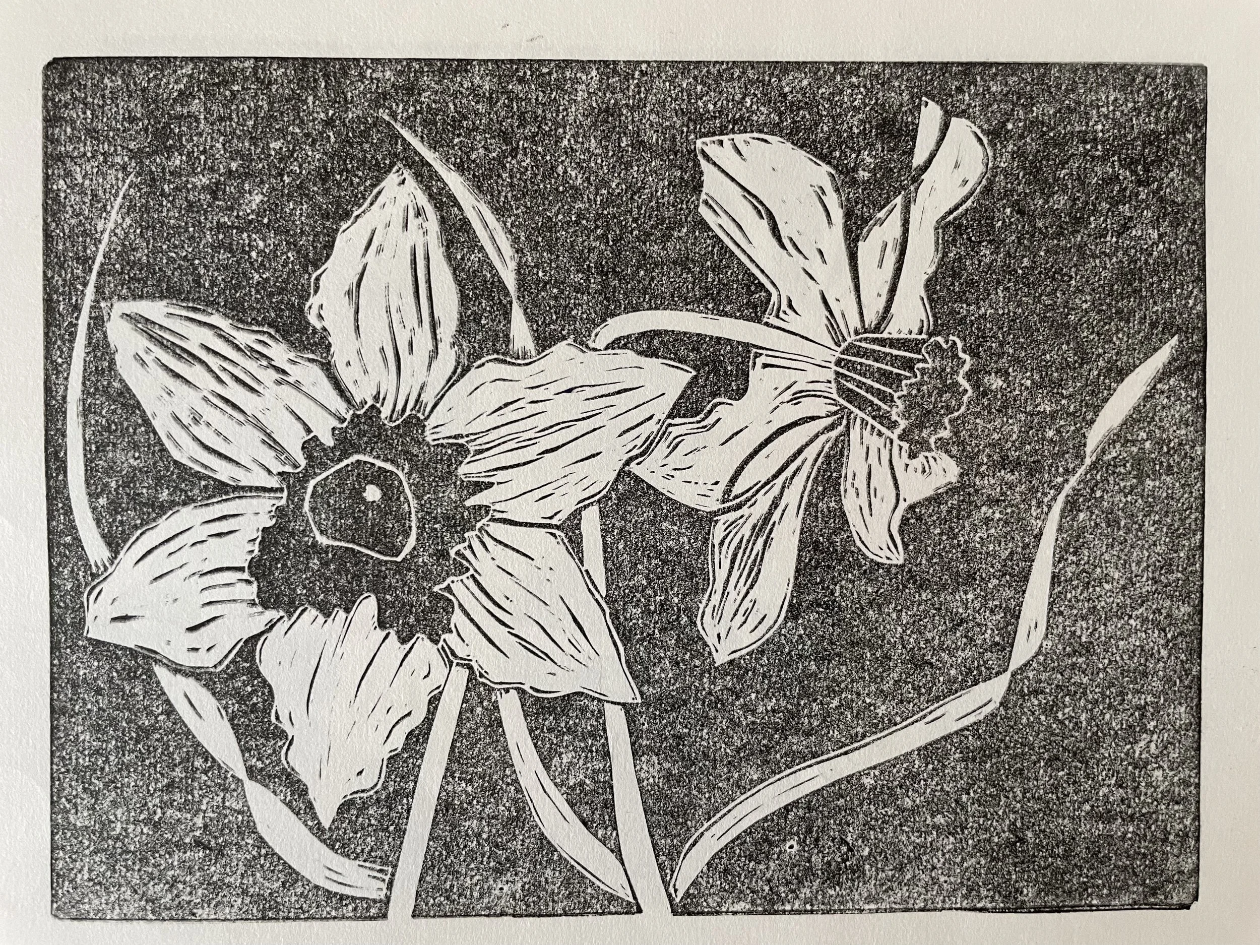 Daffodils black and white (Linocut)