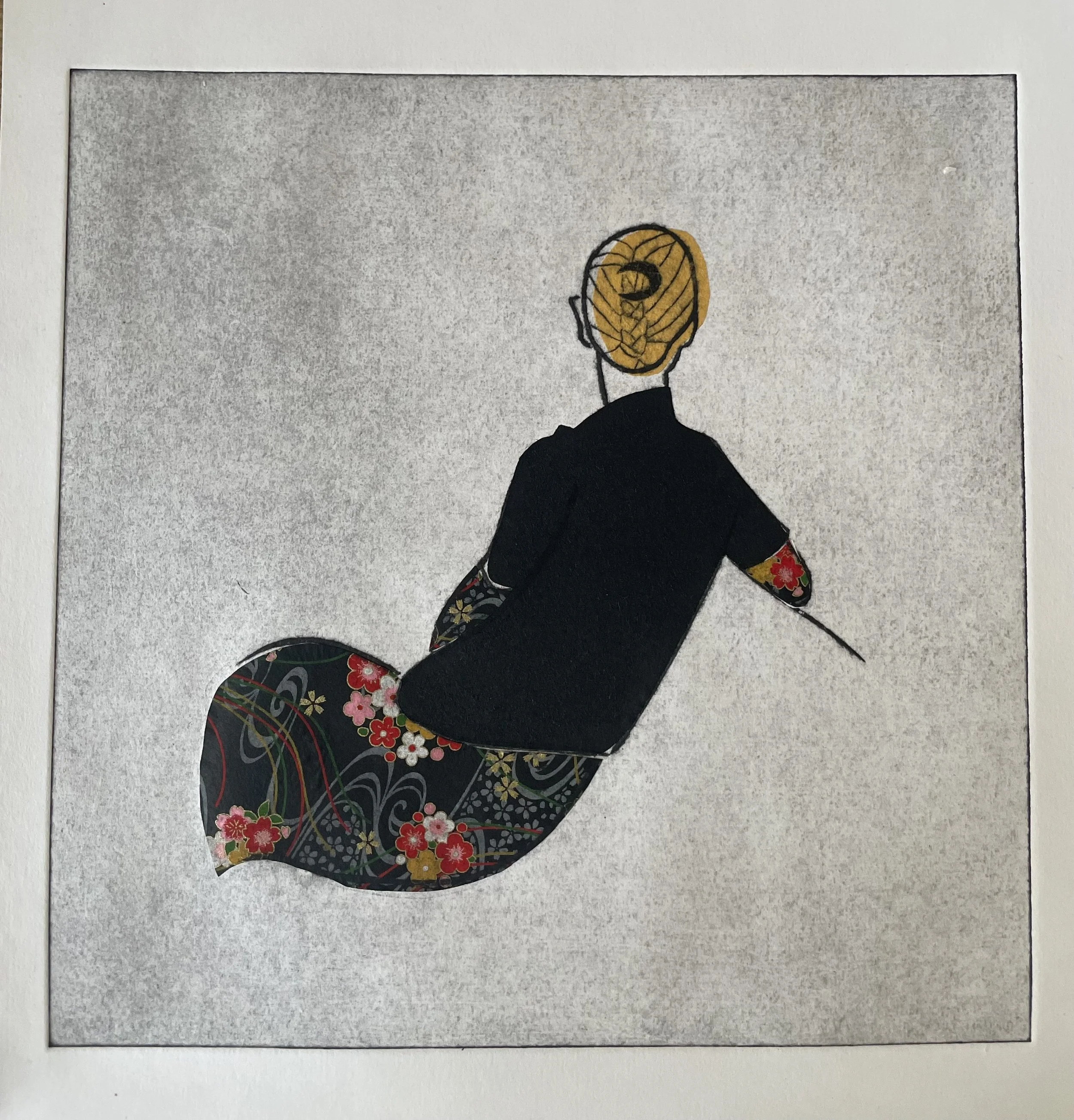 Window Gazing (black) (Collagraph with chine collé)