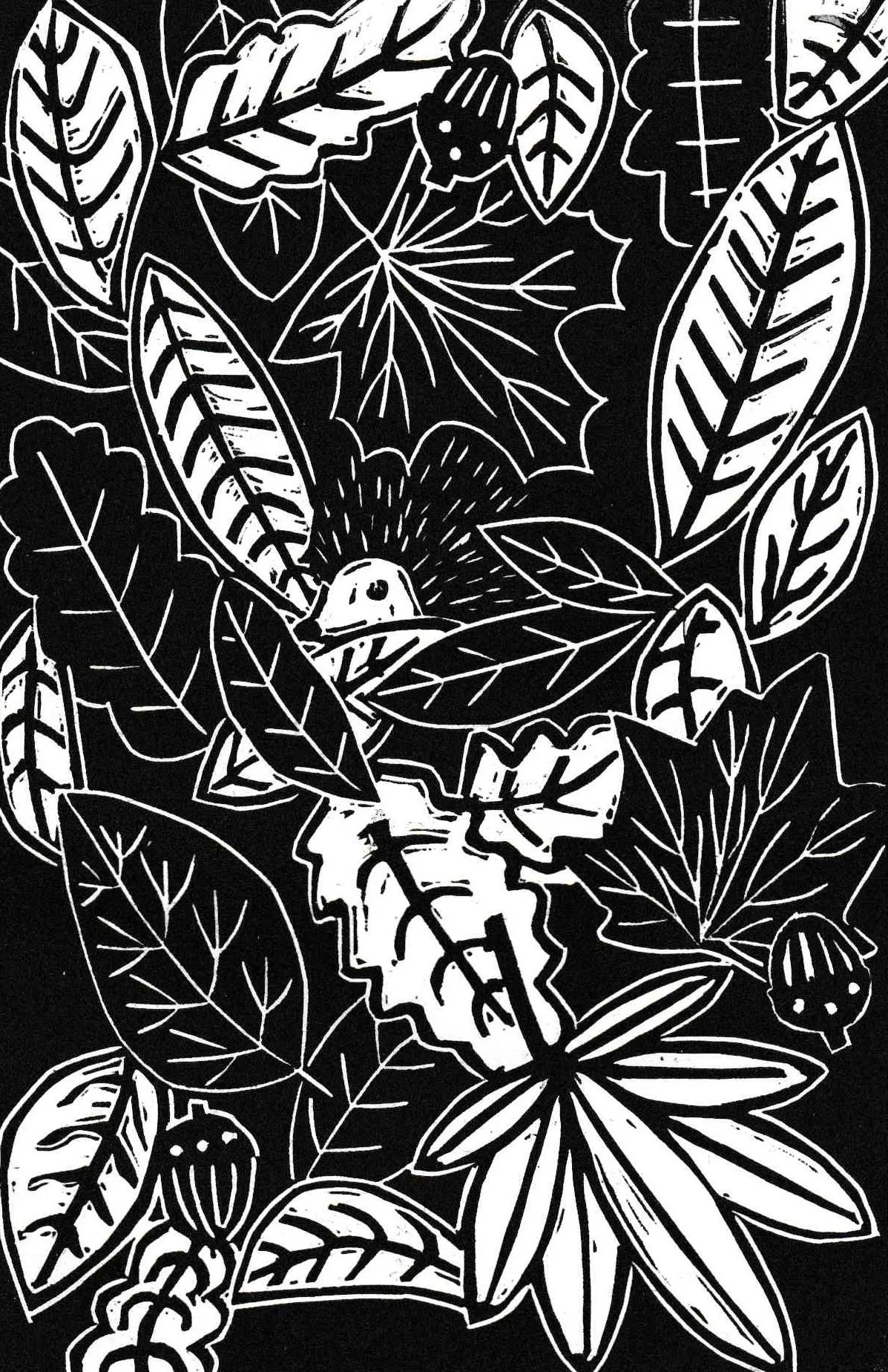 Hedgehog in leaves (Linocut)