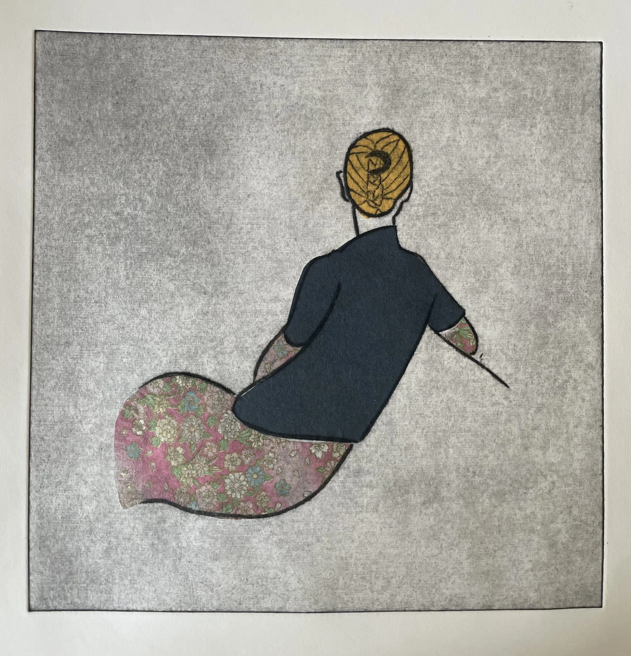 Window Gazing (navy) (Collagraph with chine collé)