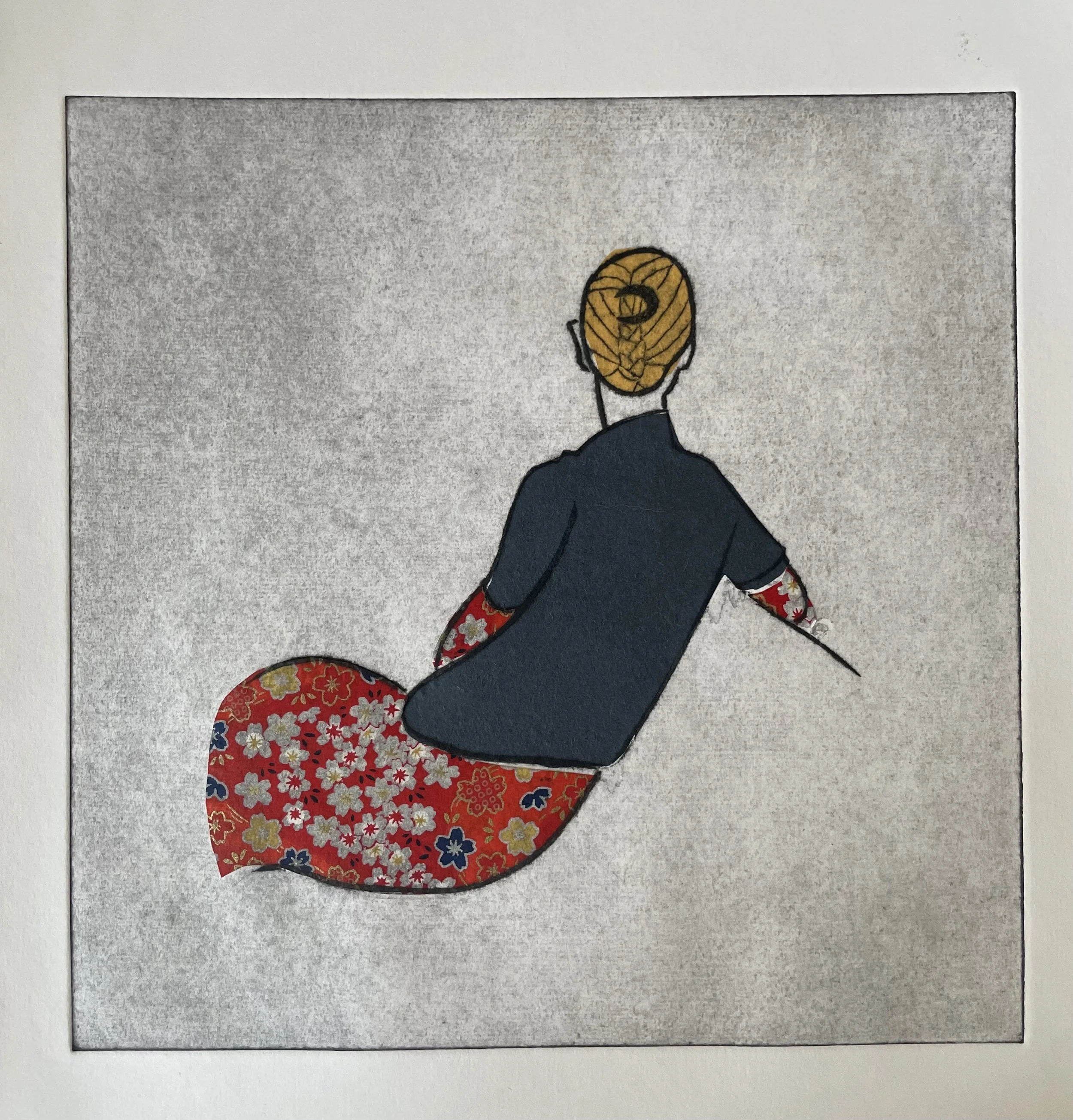 Window Gazing (red) (Collagraph with chine collé)