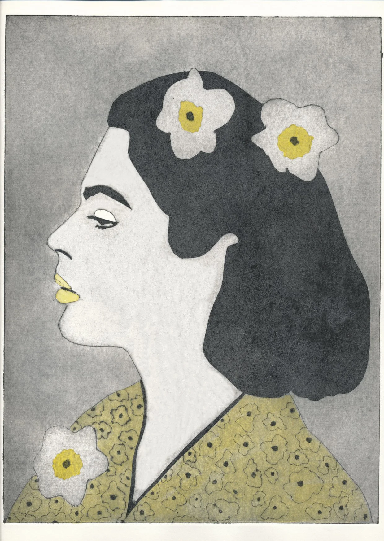 Yellow Lady (Collagraph with hand colouring)