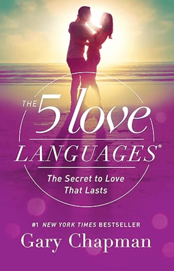 Book cover titled "The 5 Love Languages: The Secret to Love That Lasts" by Gary Chapman, showing a silhouette of a couple embracing on the beach at sunset.