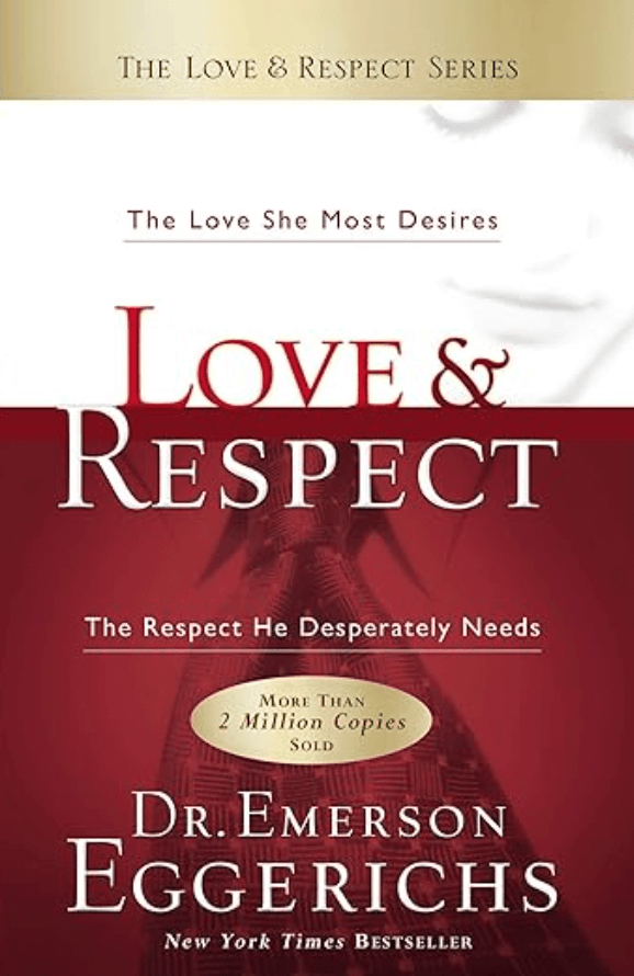 Book cover of 'Love & Respect' by Dr. Emerson Eggerichs, with a red and beige background, text highlighting the book title, author's name, and mention of over 2 million copies sold.
