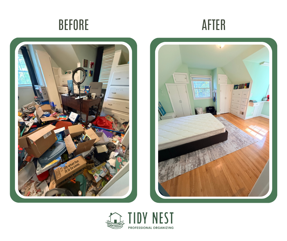 Comparison of a cluttered, messy room labeled 'Before' and a clean, organized bedroom labeled 'After', with the 'Tidy Nest' logo and tagline at the bottom.