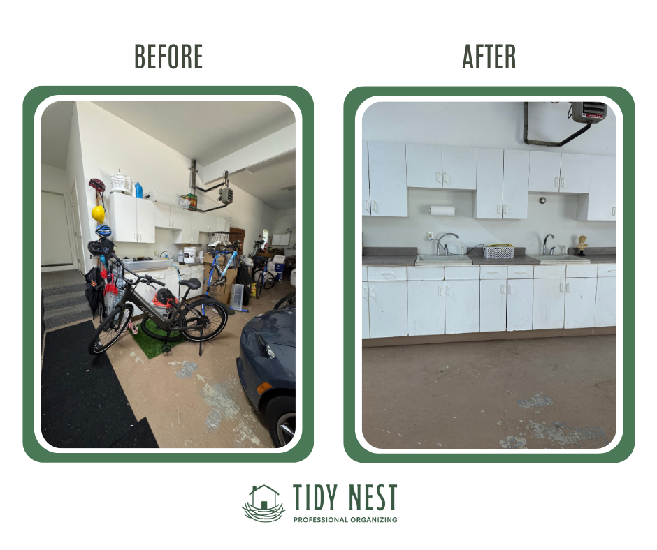Before and after images of a garage organized into a clean kitchen area with white cabinets and sinks.