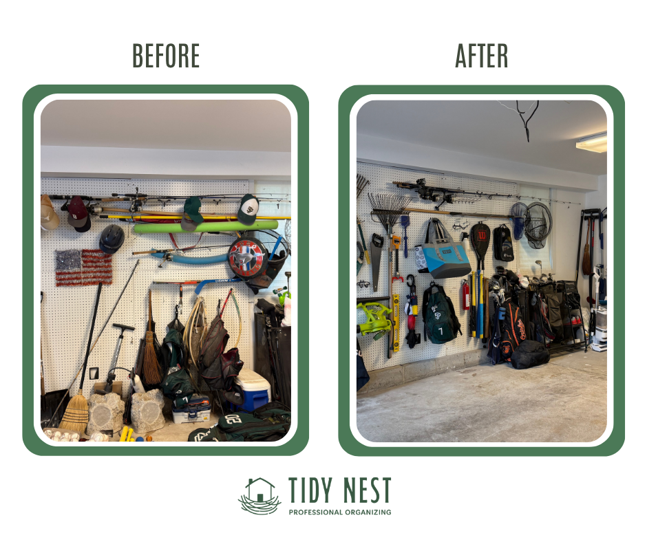 Comparison of a cluttered and organized garage wall with gardening and sports equipment