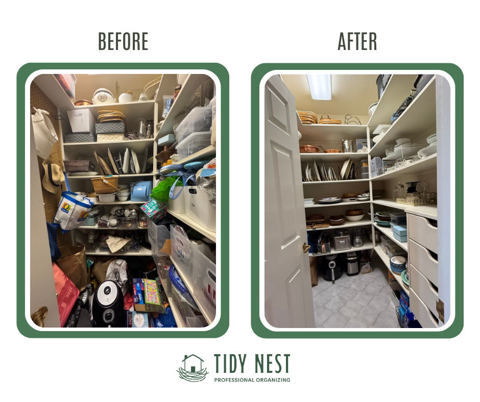 Comparison of a cluttered pantry before organizing and a neatly organized pantry after organizing with shelves and stored dishes.