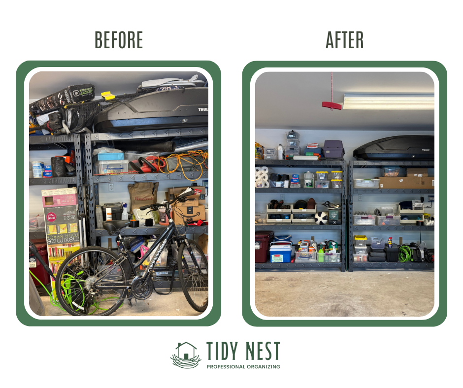 Comparison of a cluttered garage shelf before and after organizing, with tools, boxes, and a bicycle on the left, and neatly arranged supplies and storage bins on the right.