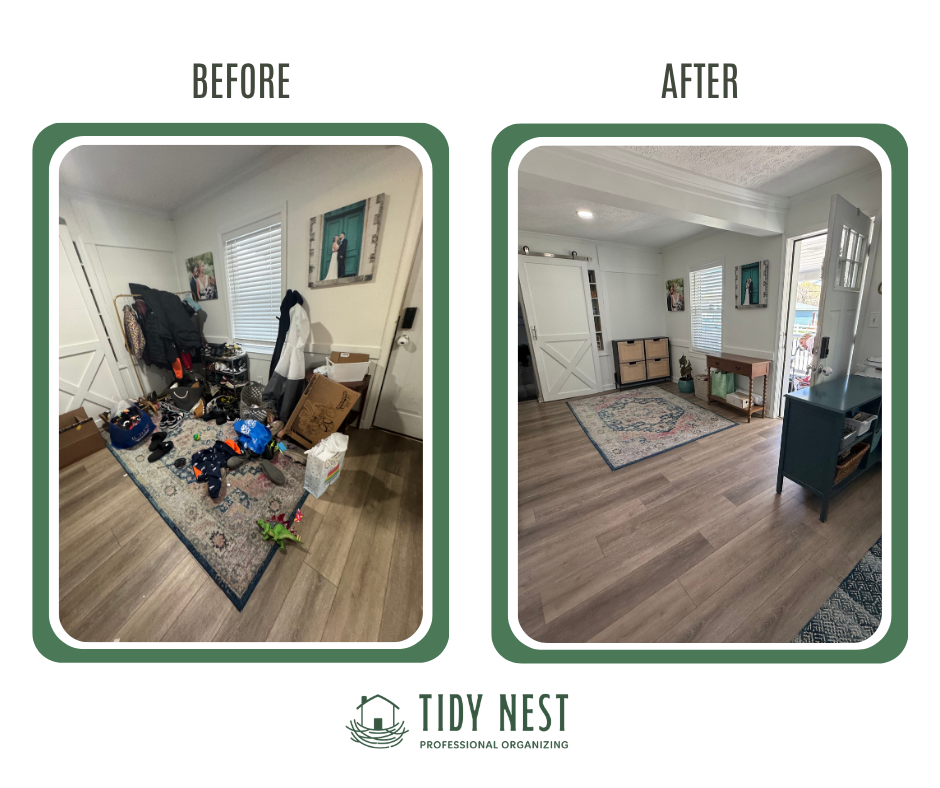 Comparison of a cluttered room before tidying up and a clean, organized room after cleaning.