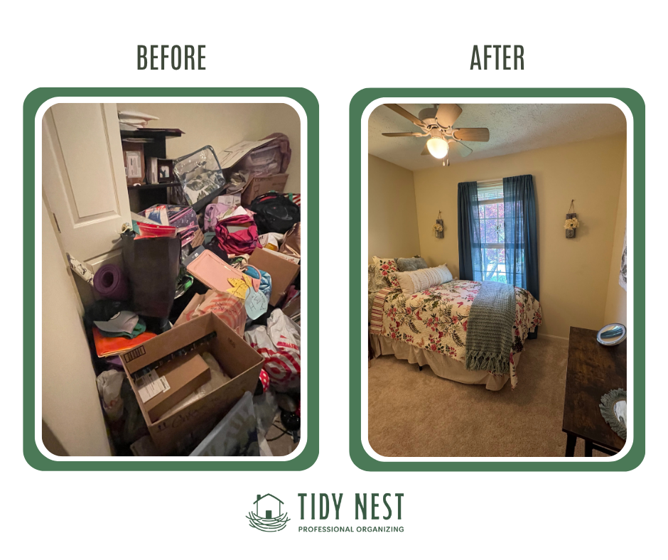 Comparison of a cluttered room before organization and a tidy, clean bedroom after organization, featuring a bed with floral bedding, window with dark curtains, ceiling fan, and a side table.