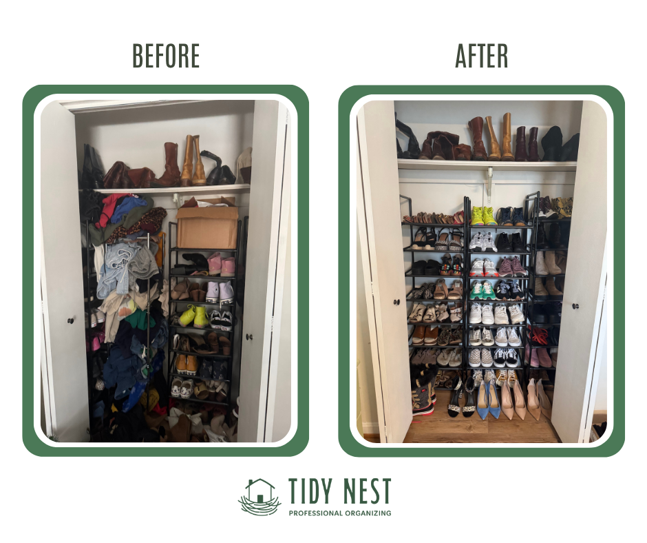Comparison of closet clutter before and after organization, showing a messy closet with shoes and clothes on the left and a neatly organized shoe rack with shoes in pairs on the right.