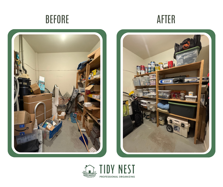 Comparison of a cluttered, disorganized storage room before and after tidying; the 'before' side shows scattered boxes, bins, and items, while the 'after' side displays neatly organized shelves with labeled containers.