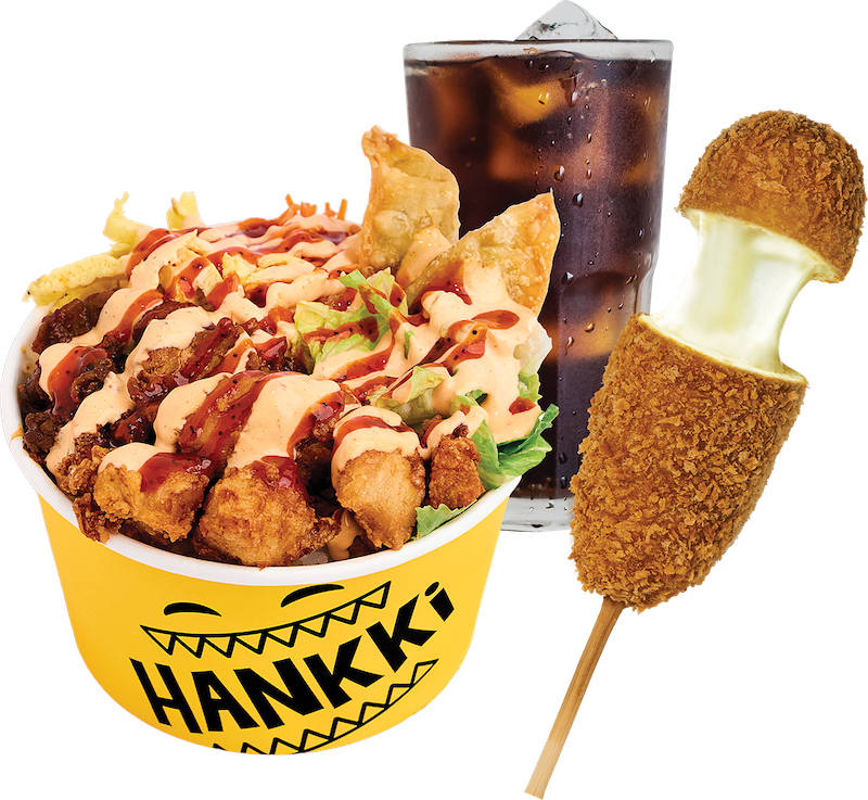 Hankki Signature Combo with Combo Bop, mozzarella corn dog and drink