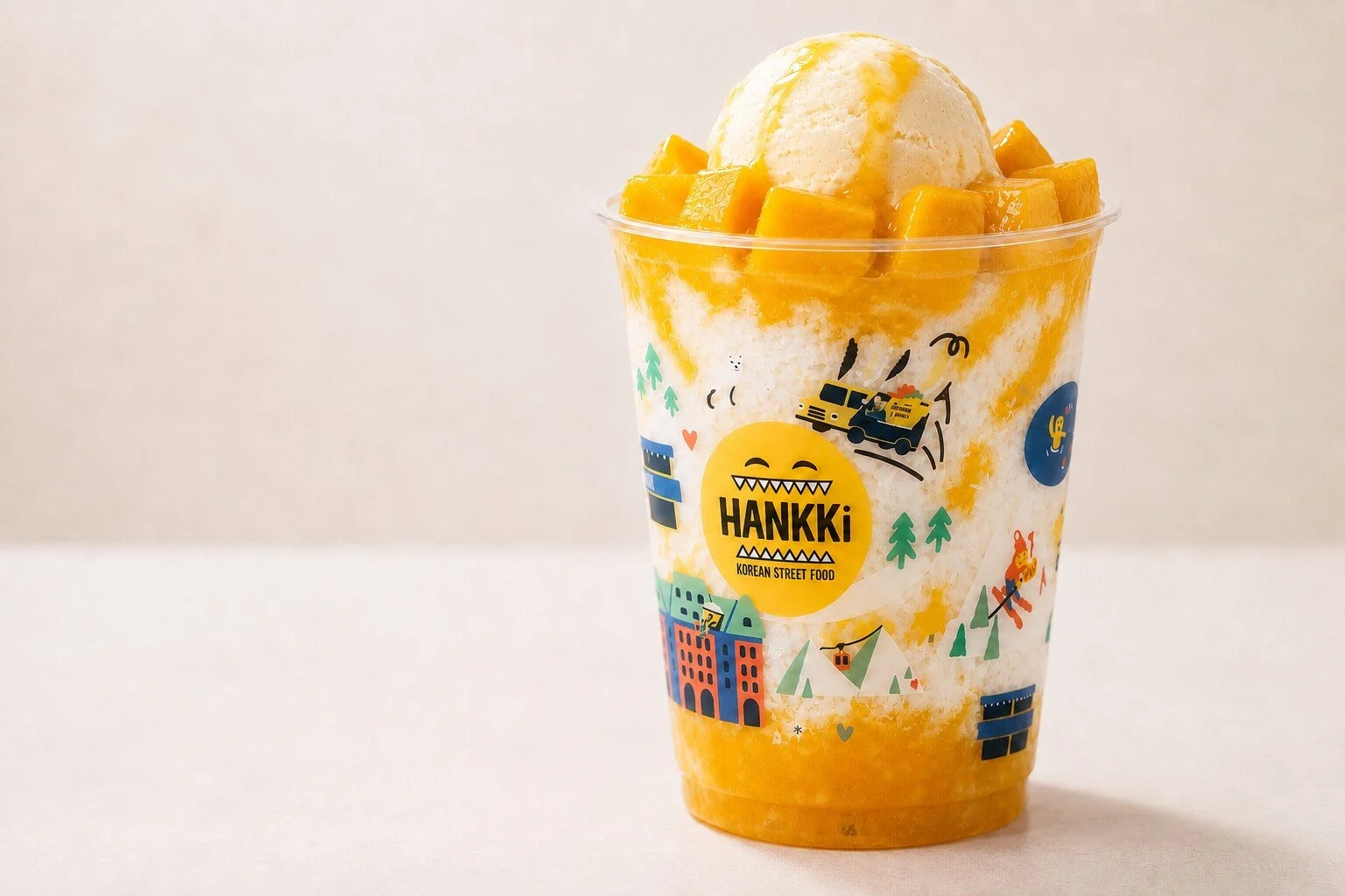 HANKKi Mango Bingsu with snow-like shaved milk ice, fresh mango topping and ice cream