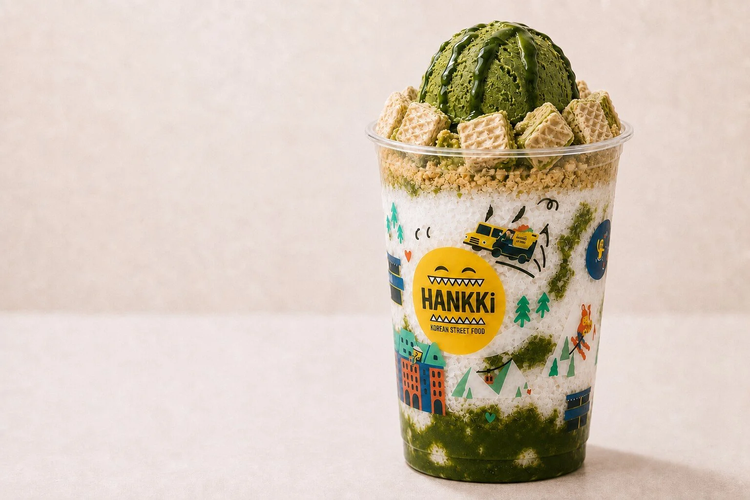 HANKKi Matcha Bingsu with green tea ice cream, matcha sauce and crunchy toppings over shaved milk ice