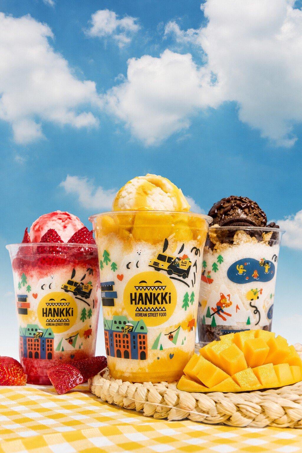 HANKKi Bingsu in newly redesigned cups featuring strawberry, mango and Oreo Korean shaved ice flavours