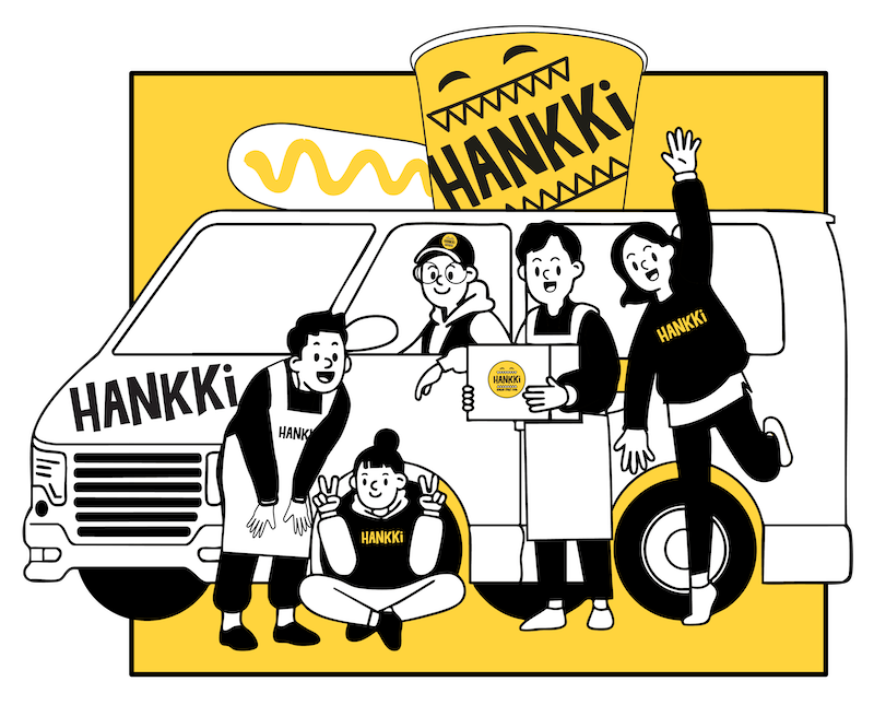 Cartoon illustration of five diverse people in front of a delivery van, wearing black and yellow uniforms with "HANKKi" logos, celebrating their successful delivery.