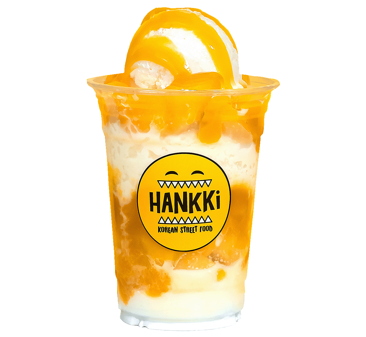 Mango Bingsu Korean shaved ice dessert with mango sauce and ice cream from Hankki