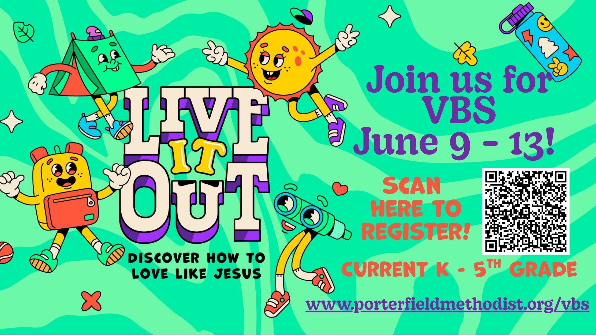 We are so excited for VBS this year and can't wait to "Live It Out". Register your K - 5th grader at porterfieldmethodist.org/vbs βΊοΈπ