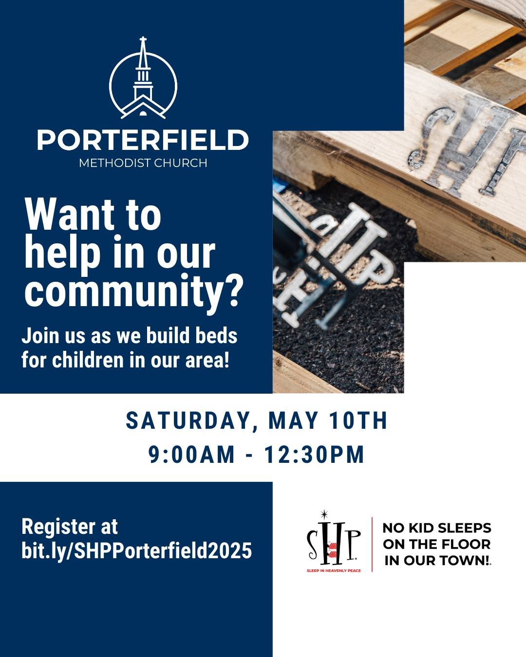 We are partnering with Sleep in Heavenly Peace to build beds for kids in our community! The build will be on May 10th in the front parking lot at Porterfield. We would love for you to join us! π¨ π§° π
Register for the build at bit.ly/SHPPorterfiel