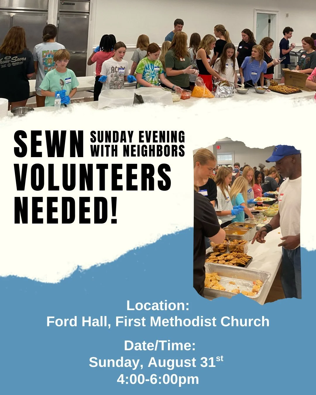 We need volunteers to help serve at SEWN(Sunday Evening With the Neighbors) on August 31st! If you are interested in helping out contact Chuck Knight at cknight@porterfieldmethodist.org or call the church office - (229) 436-6336.