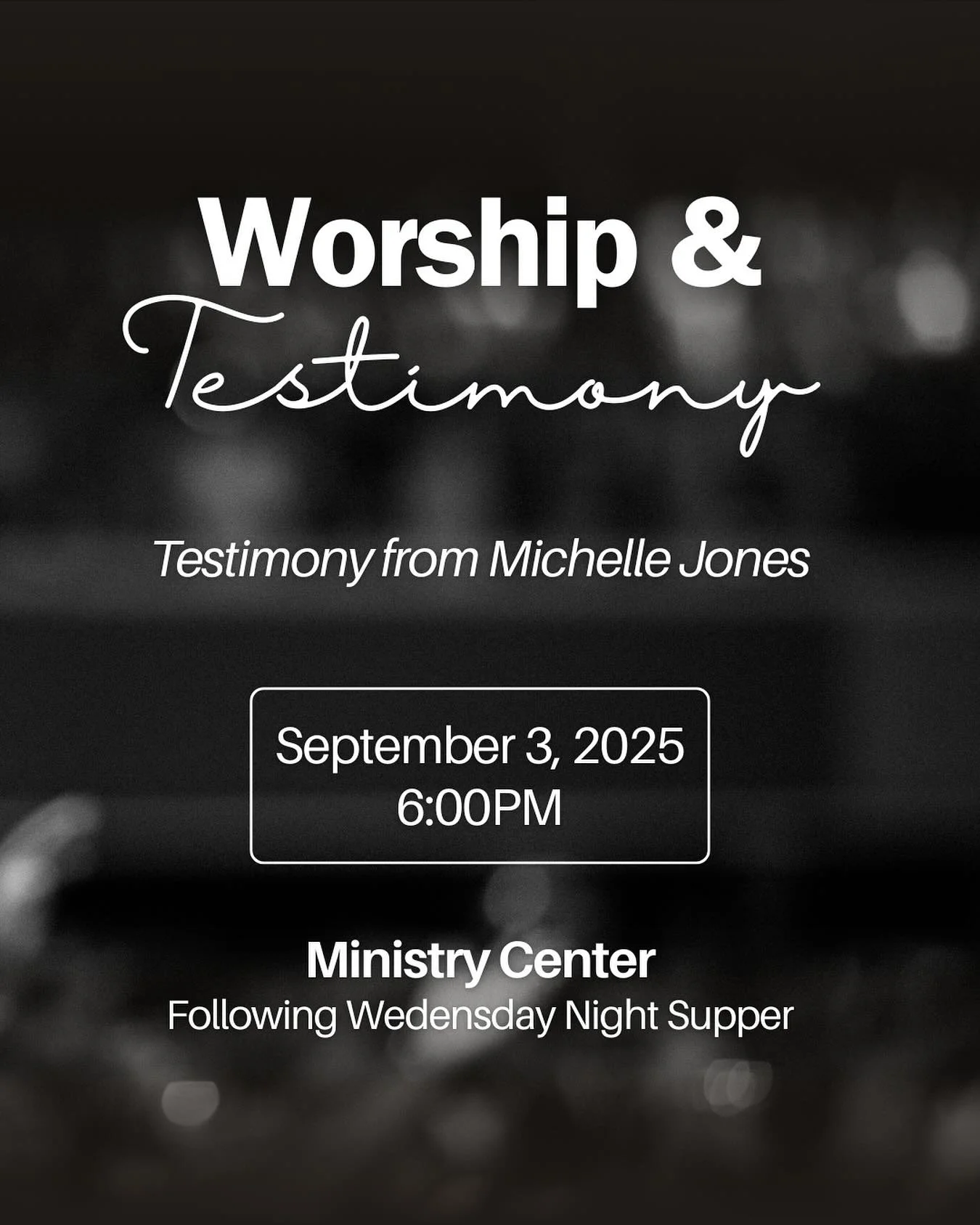 Gather with us this Wednesday after supper for worship and testimony. Michelle Jones will share her story with us. We hope to see you there!