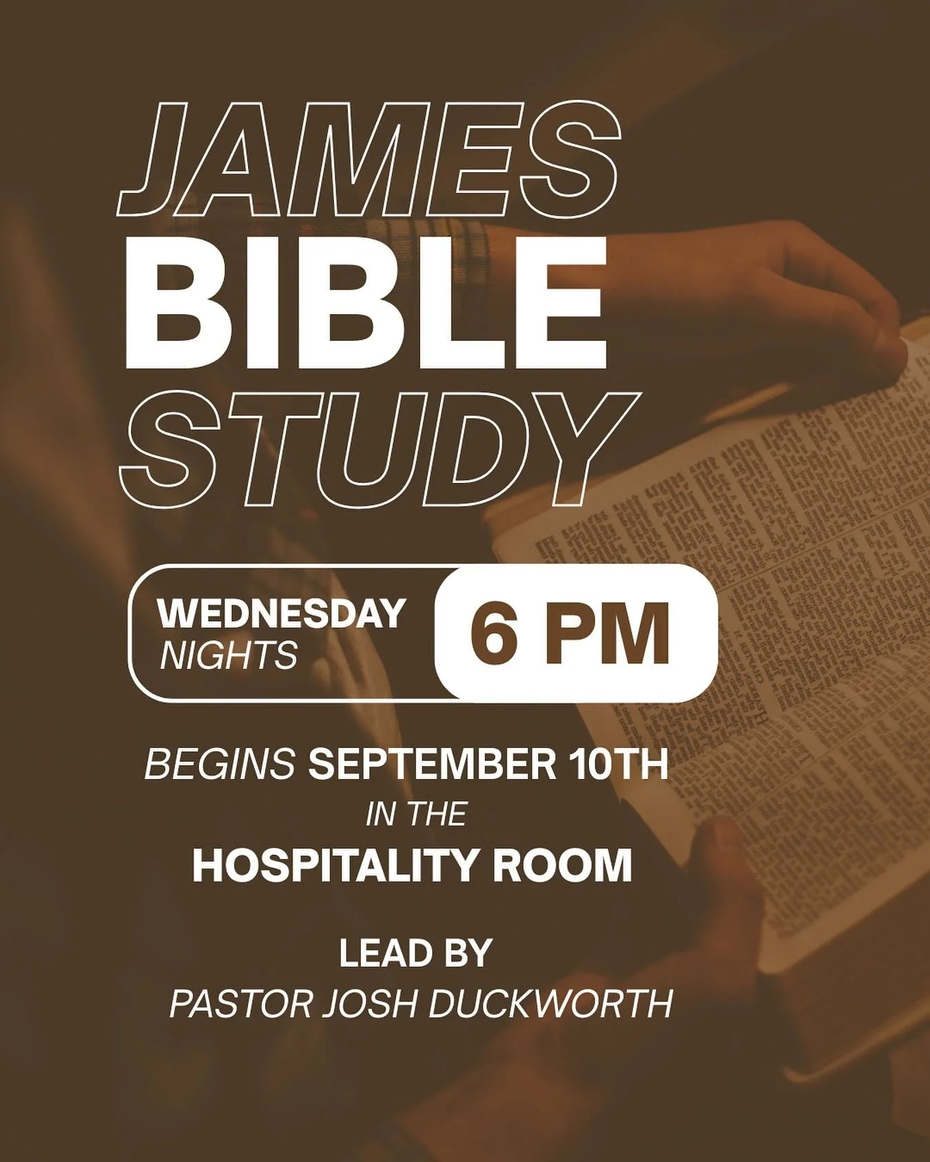 Join Pastor Josh for a study on the book of James on Wednesdays. The study begins this week right after Wednesday night supper.