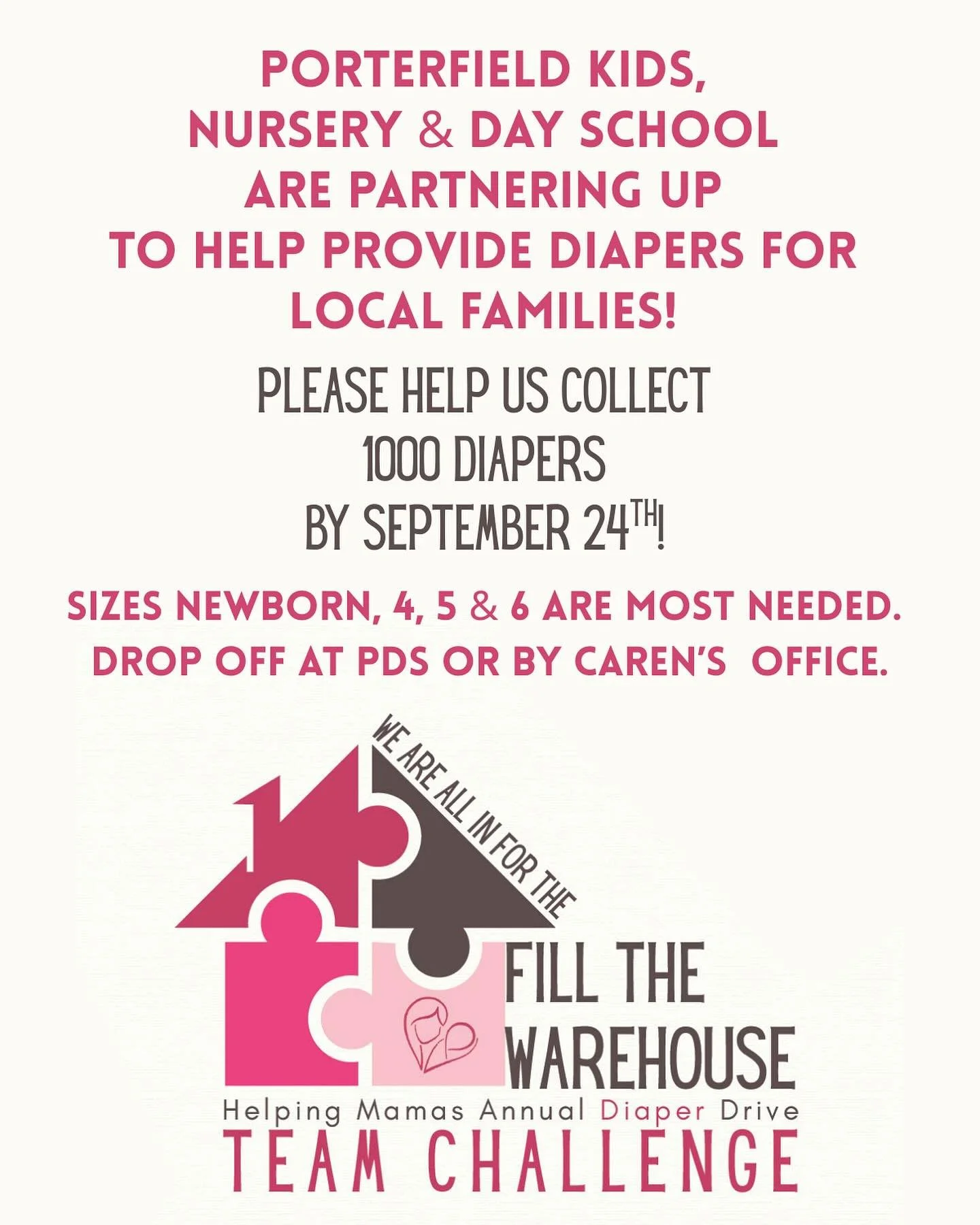 Help us collect 1000 diapers to fill the warehouse! You can bring diapers by the church office or donate financially through the link: https://www.gagives.org/story/team-challenge-porterfield