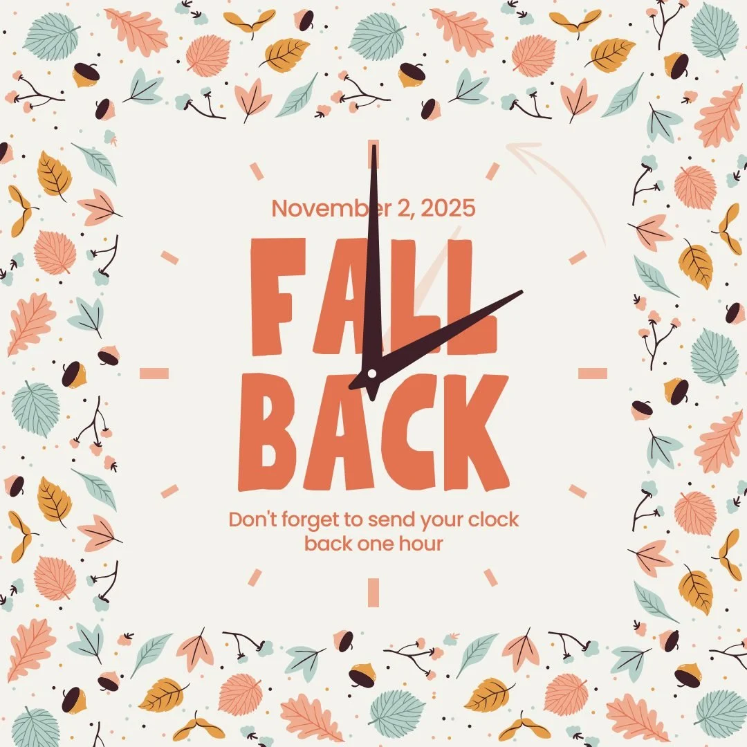 Don't forget to set those clocks back an hour before going to bed tonight.  We can't wait to see you at our 9:00am or 11:00am worship services! 🕒