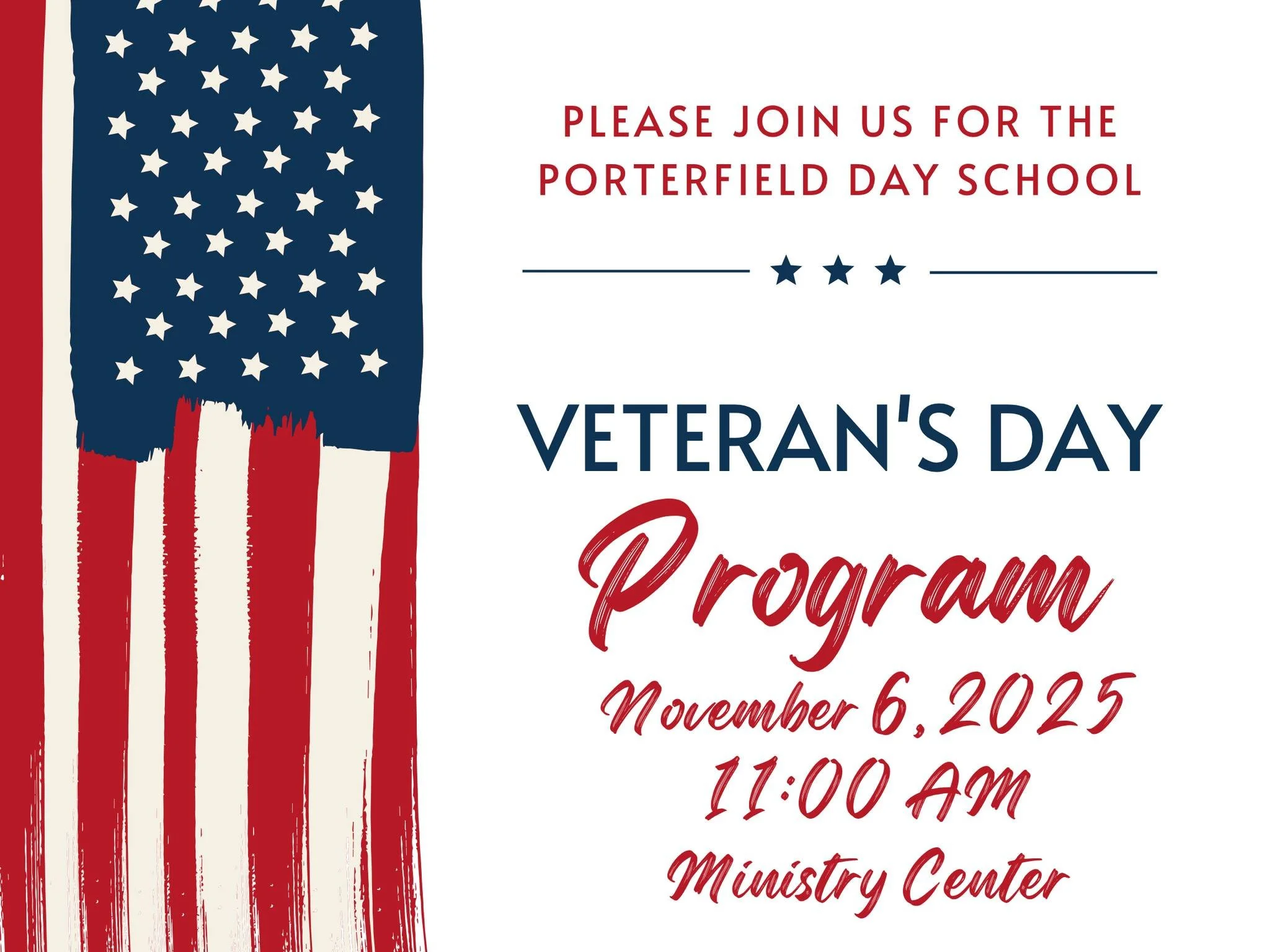 Come out and support our amazing Porterfield Day School children and teachers as they honor our nations veteran's this Thursday, November 6th at 11:00am in the Ministry Center. 🇺🇸