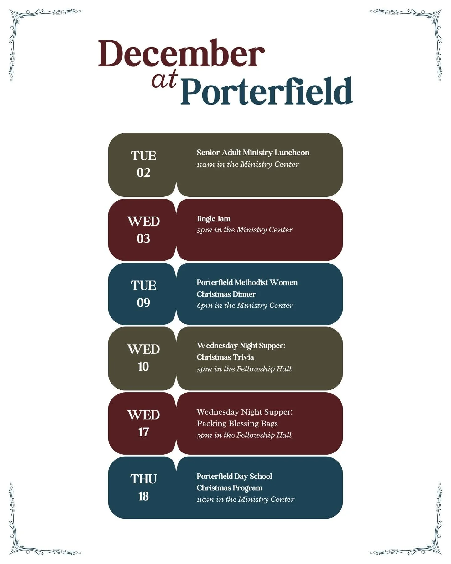 ✨ Celebrate Advent With Us at Porterfield! ✨

The Advent season is here, and we&rsquo;d love for you and your family to join us as we prepare our hearts for the coming of Christ. Throughout the next several weeks, we&rsquo;ll have meaningful worship 