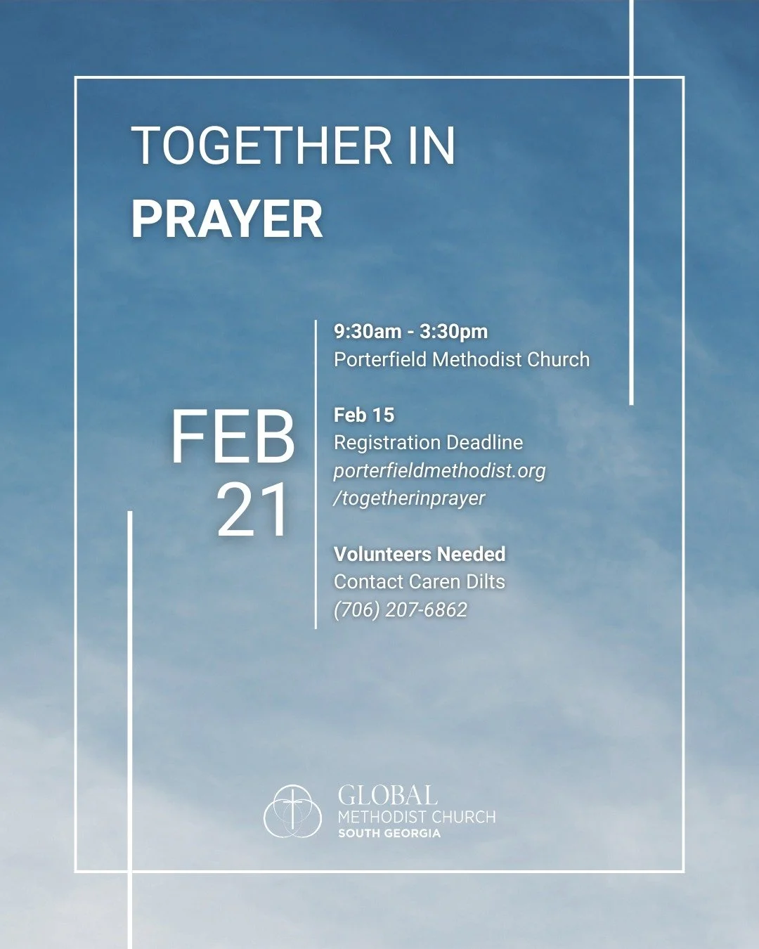 Come be a part of the SGAGMCs 2026 prayer conference, hosted in our very own backyard! 

A day of worship, training, and spiritual renewal | Visit porterfieldmethodist.org/togetherinprayer to register and for more information