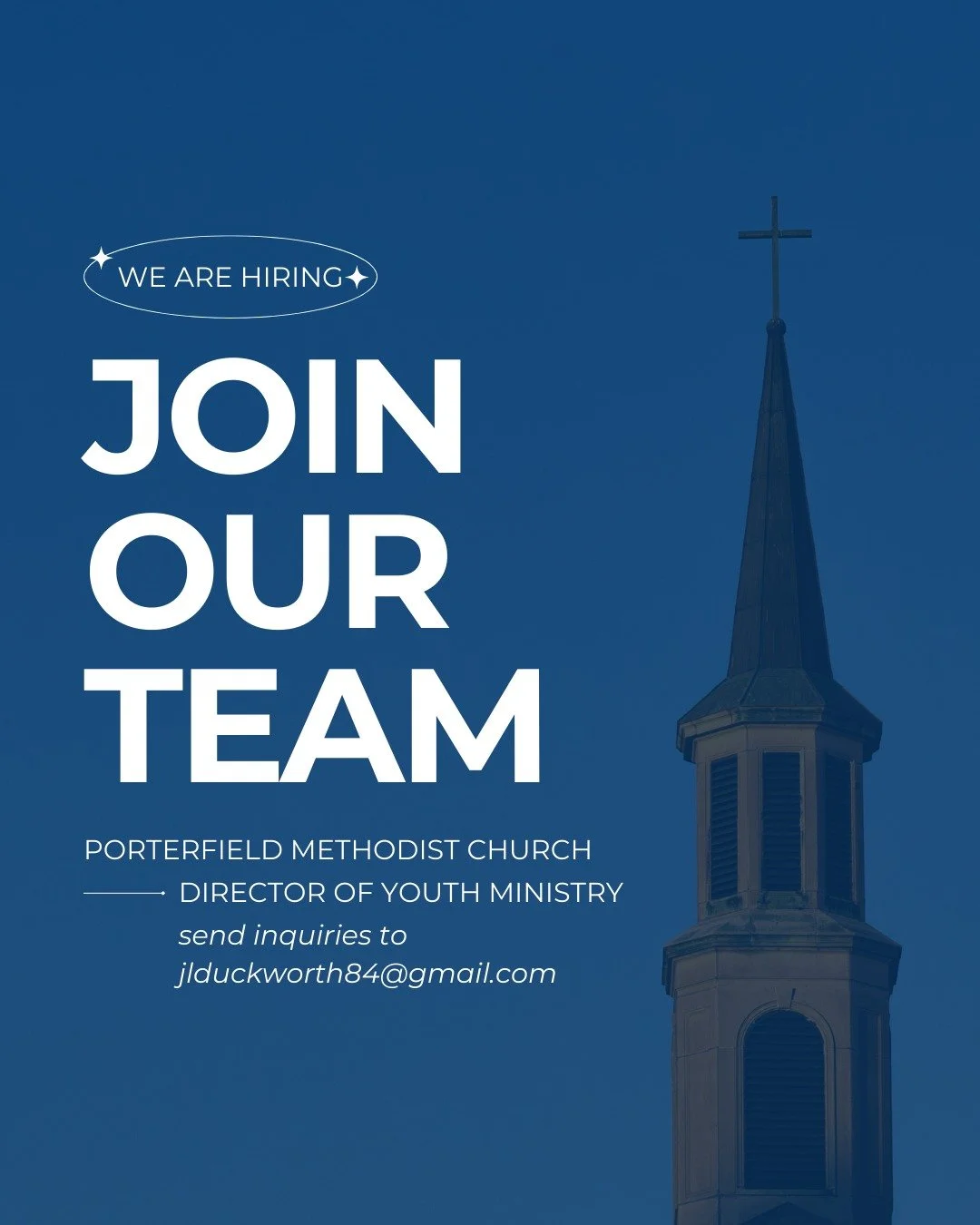 We&rsquo;re hiring! Porterfield Methodist Church in Albany, GA is seeking a Director of Youth Ministry to lead our 6th&ndash;12th grade students as they grow as Christian disciples. Email inquiries to Josh Duckworth at jlduckworth84@gmail.com.