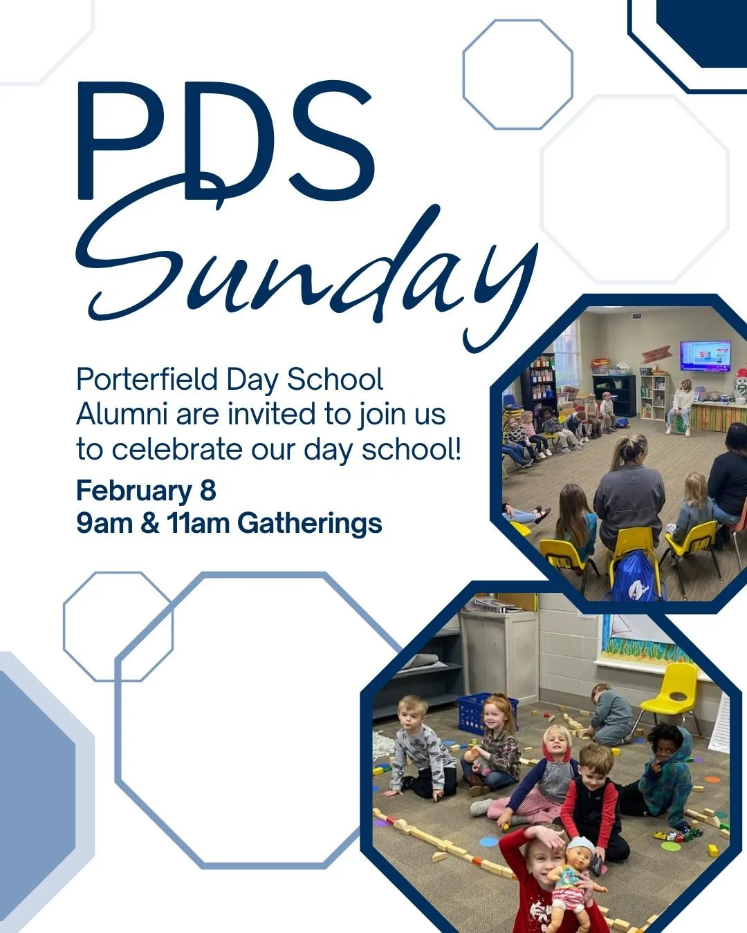 This Sunday is PDS Sunday! Help us celebrate the ministry that is Porterfield Day School by joining us at either gathering. Alumni may even receive a special sticker to show off...