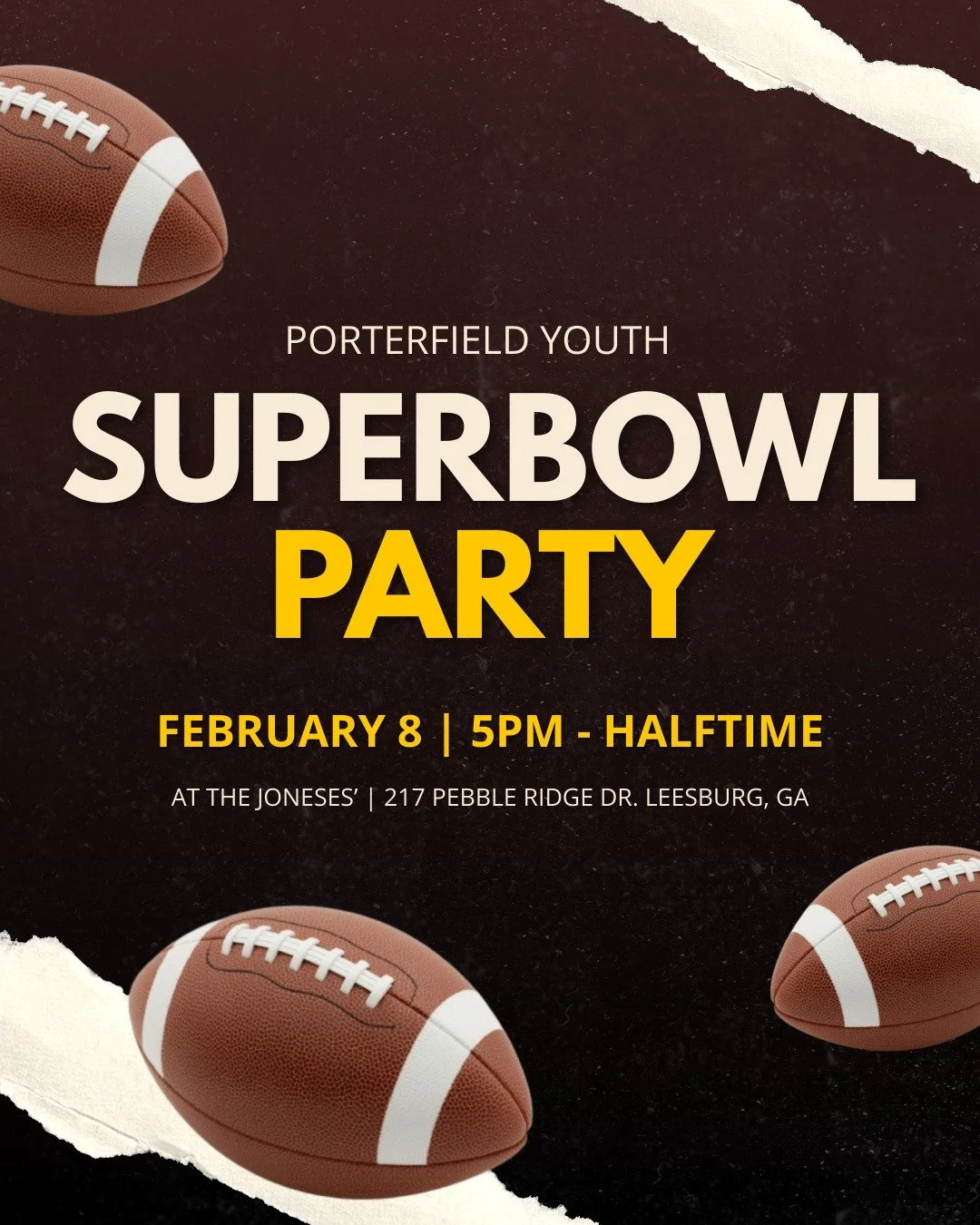 Youth, it's Superbowl Sunday! Food provided, fun guaranteed. Bring a friend!