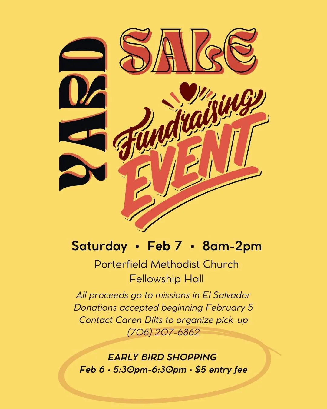 TODAY | Early bird shopping for our yard sale fundraiser begins tonight at 5:30pm! There is a $5 entry fee, and all proceeds go towards missions in El Salvador!