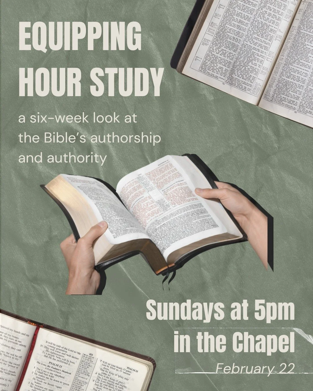 FEBRUARY 22 | Take a six-week look at the Bible&rsquo;s authorship and authority! Learn how the 66 books of the Bible became known as one book, and learn of its trustworthiness. The class will be facilitated by John &amp; Kitty Ashley using a video s