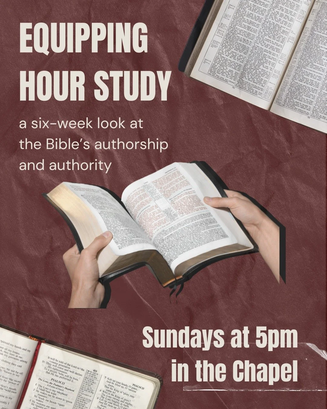 THIS SUNDAY | Take a six-week look at the Bible&rsquo;s authorship and authority! Learn how the 66 books of the Bible became known as one book, and learn of its trustworthiness. The class will be facilitated by John &amp; Kitty Ashley using a video s