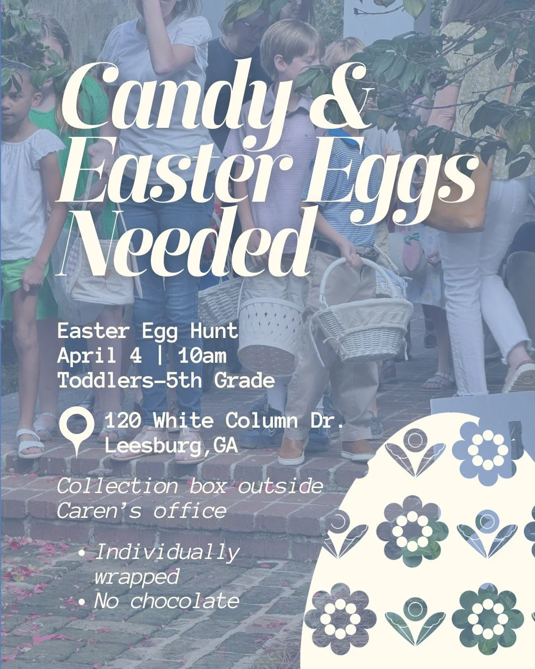Can you believe Easter is almost here?! We&rsquo;re collecting candy and Easter egg donations for our annual Easter egg hunt now! You can drop them off outside Caren&rsquo;s office. We hope you&rsquo;ll join us for a fun morning together on April 4!