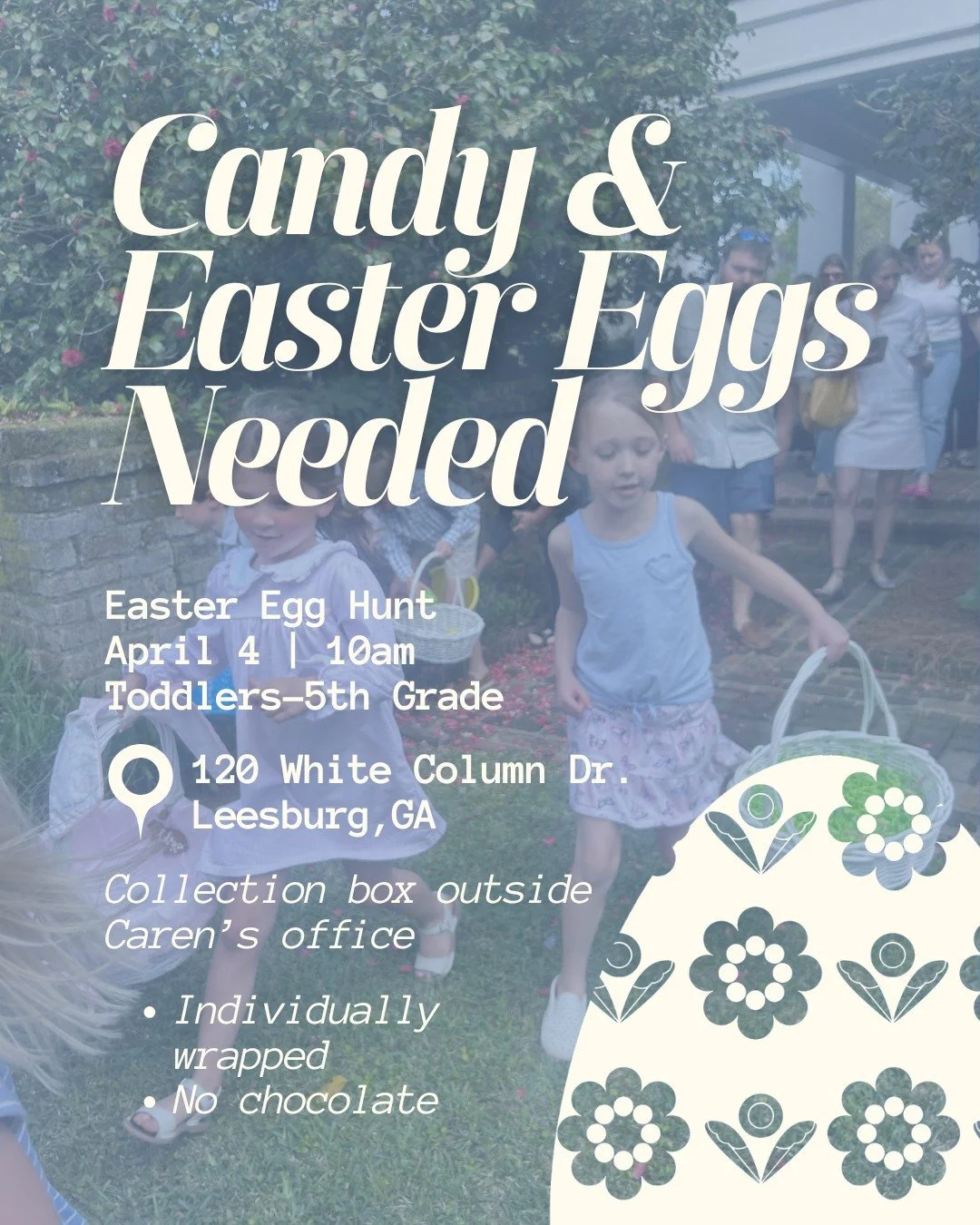 We need Candy! And Easter eggs! Drop them off outside Caren's office for our children's annual Easter Egg Hunt🍬