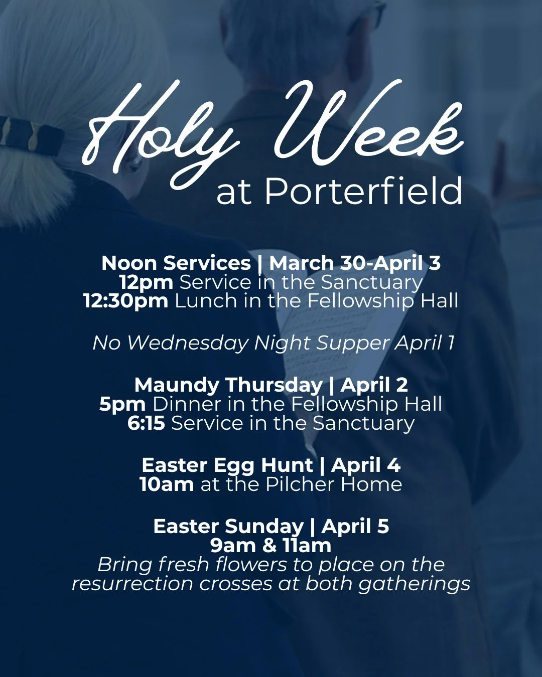 Holy Week begins SUNDAY! Join us each day this upcoming week for our annual noon services and luncheons as we walk together towards Easter. We hope you&rsquo;ll be part of all the meaningful opportunities happening over the next several days!