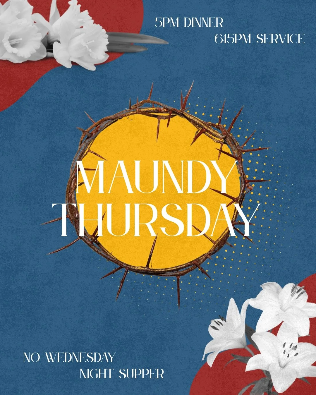 We WILL have a noon service and luncheon tomorrow, but there will be NO Wednesday Night Supper! Join us for dinner on Thursday instead, and then a service to follow.