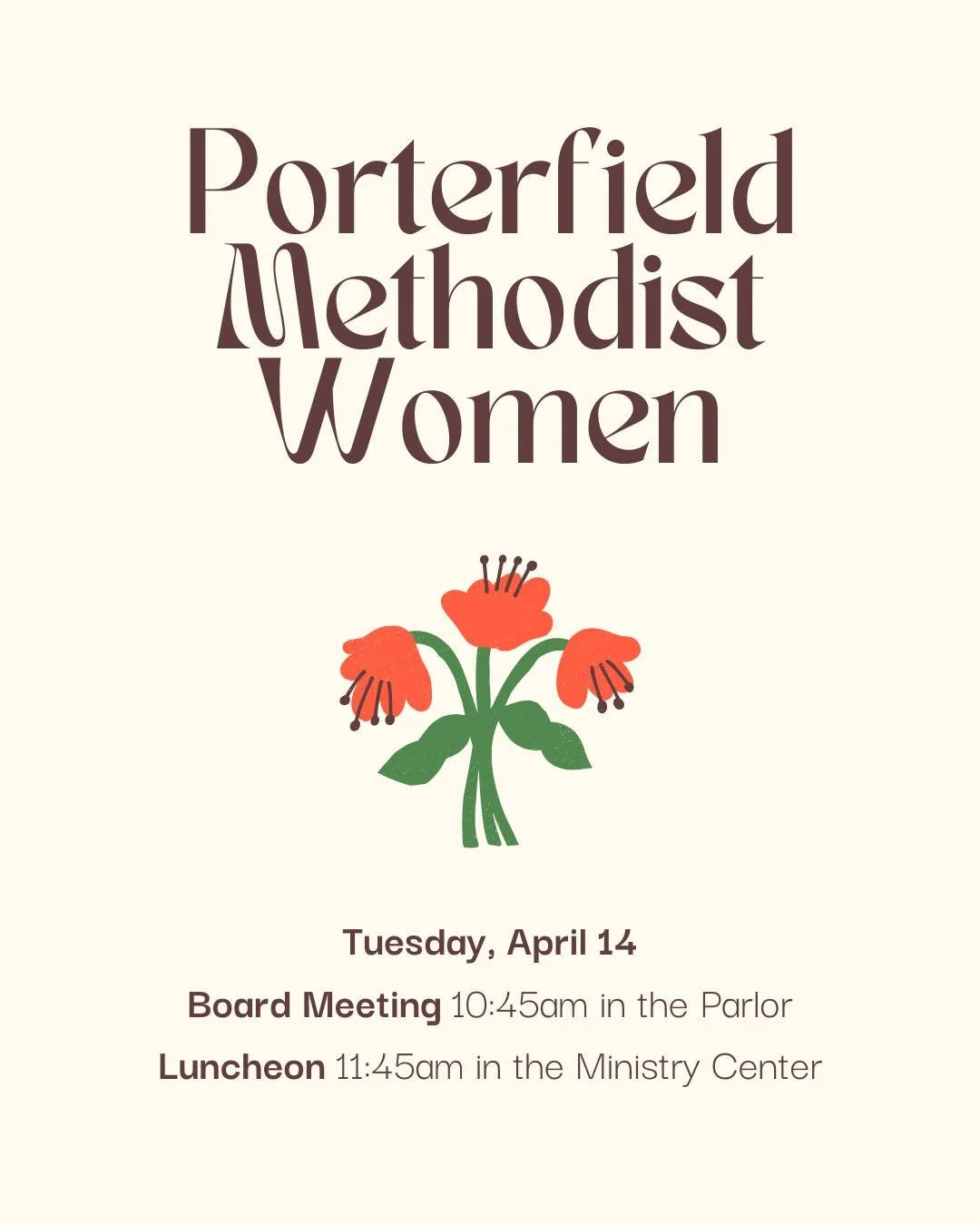 Every second Tuesday of the month, women of all ages are welcome to have lunch with us at 11:45am in the Ministry Center!