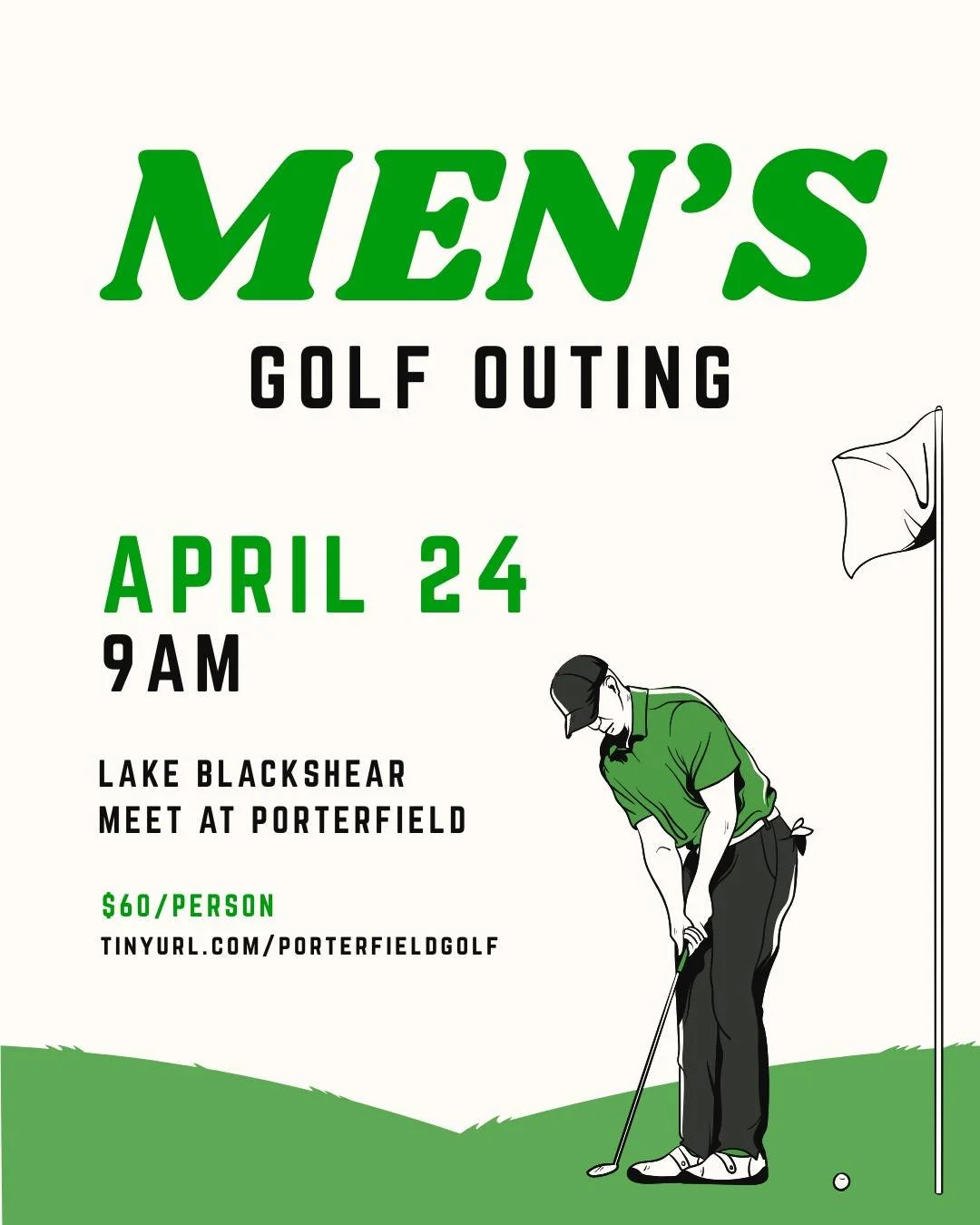 FRIDAY | We will leave the church parking lot for Lake Blackshear at 9am and hope to be back before 5pm. The cost is $60, and there will be food available for purchase at the clubhouse. Sign up now at tinyurl.com/porterfieldgolf⛳